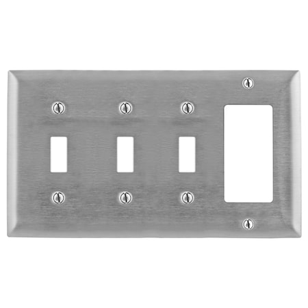 Hubbell Wiring Device-Kellems Wallplates and Boxes, Metallic Plates, 4- Gang, 3) Toggle 1) GFCI Openings, Standard Size, Stainless Steel SS326